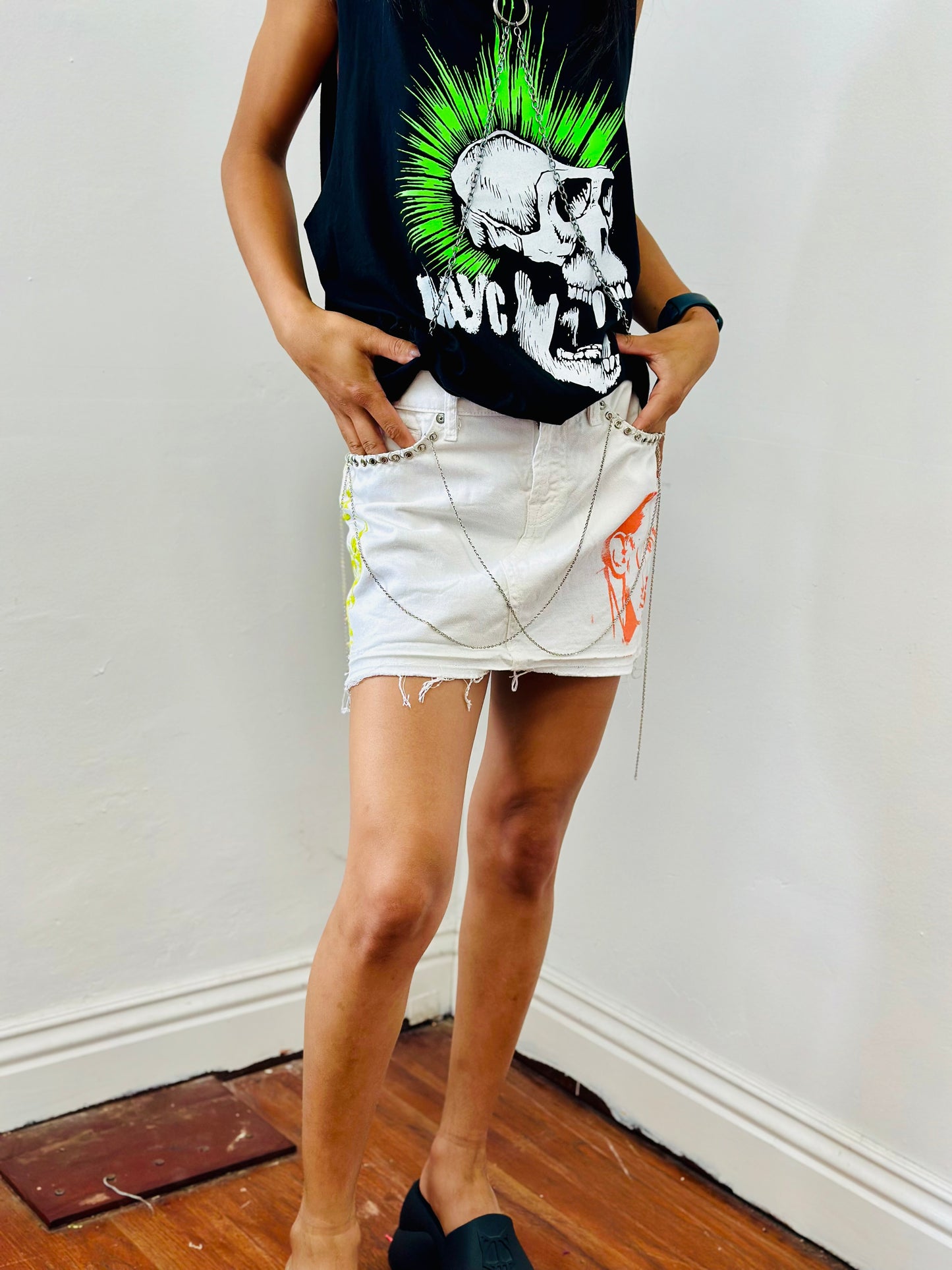 Reworked denim Mini skirt with screen print/ chains