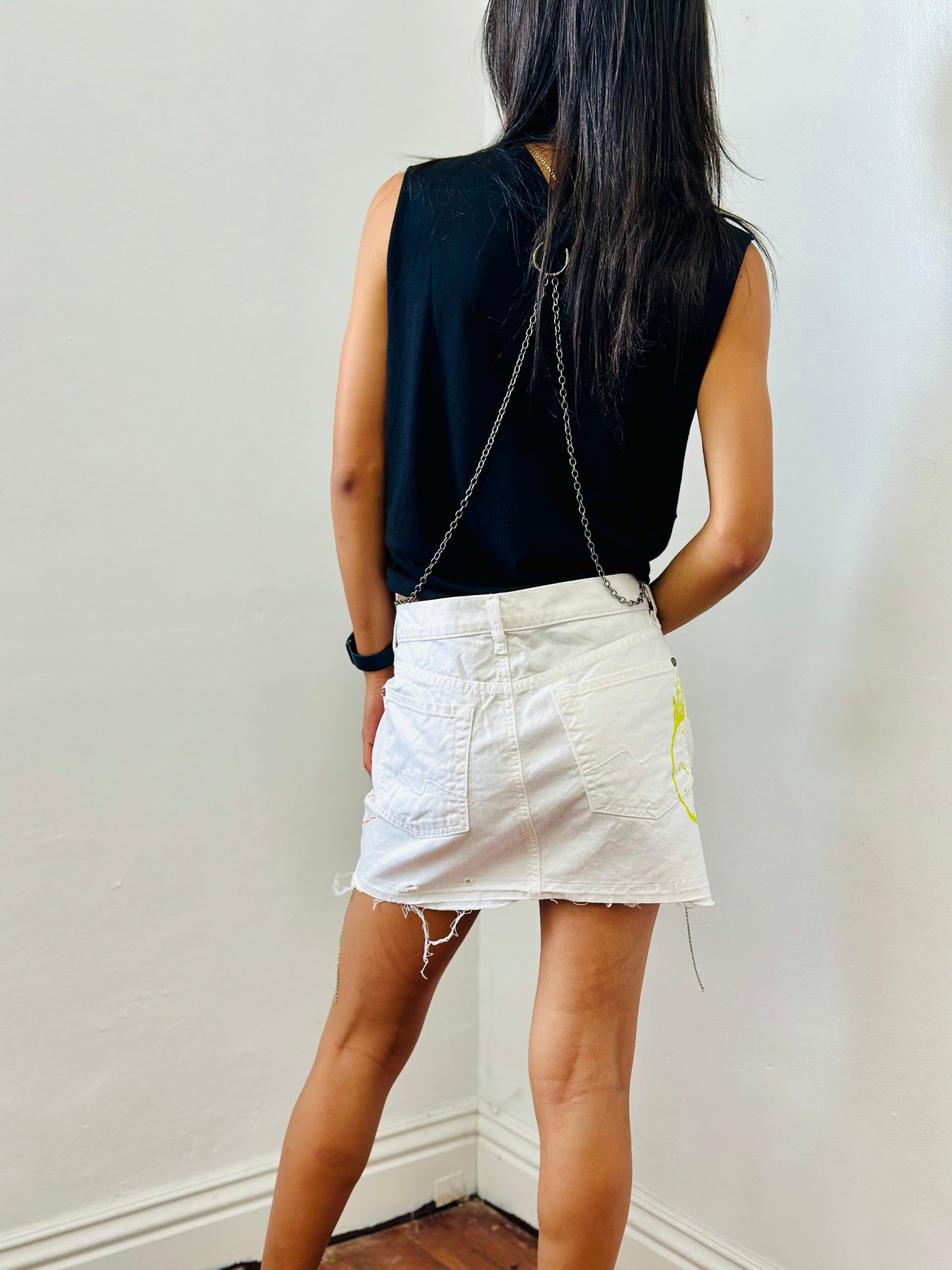 Reworked denim Mini skirt with screen print/ chains