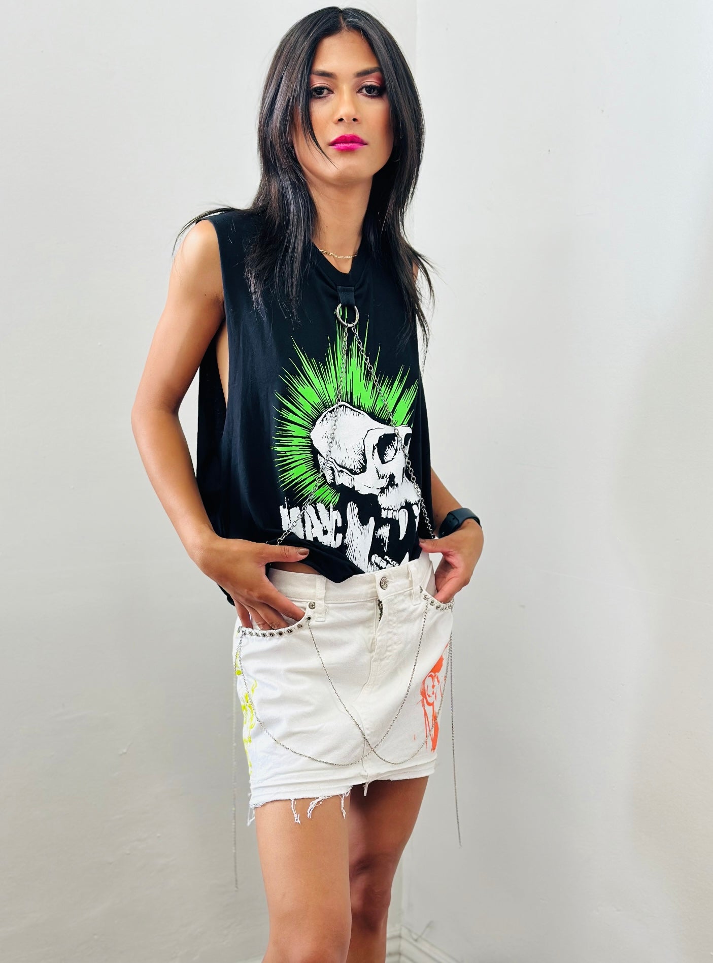 Reworked denim Mini skirt with screen print/ chains