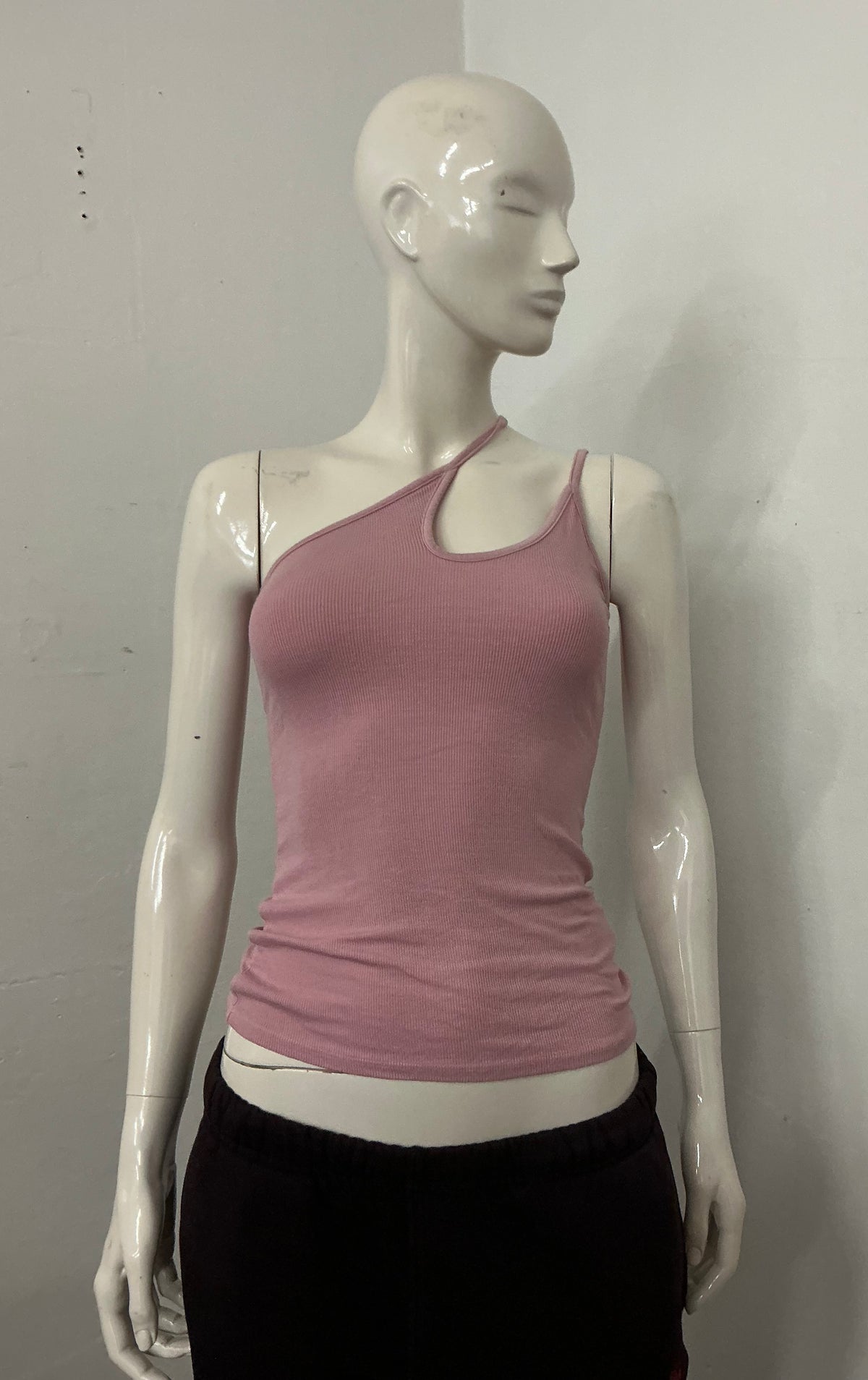 Asymmetric spaghetti strap rib tank top