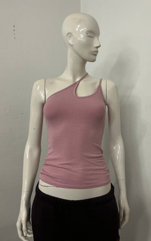 Asymmetric spaghetti strap rib tank top