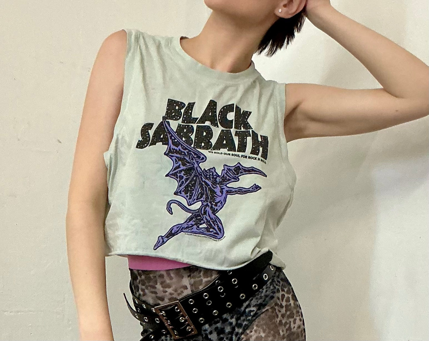 Black Sabbath printed crop top with rhinestones 