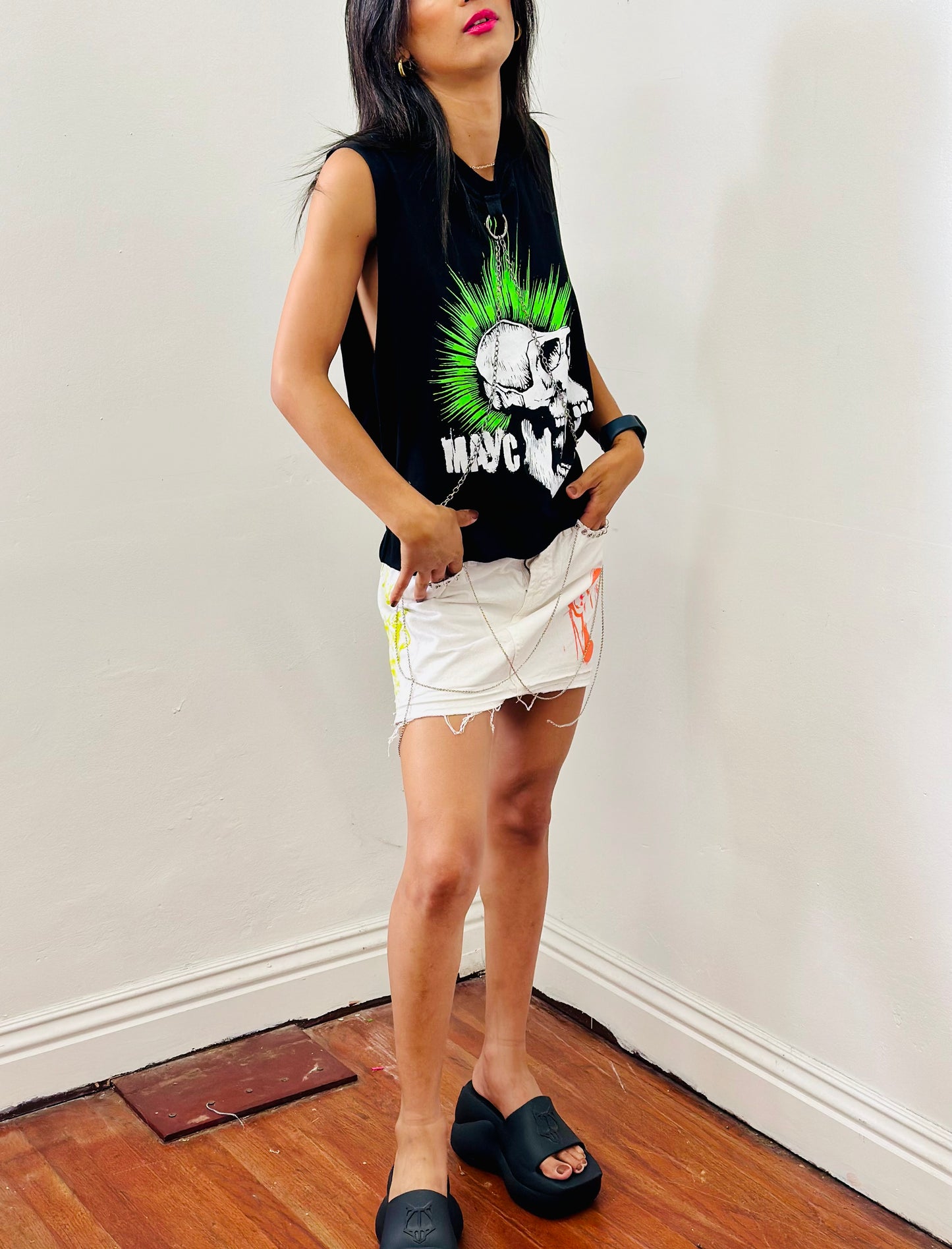 Reworked denim Mini skirt with screen print/ chains
