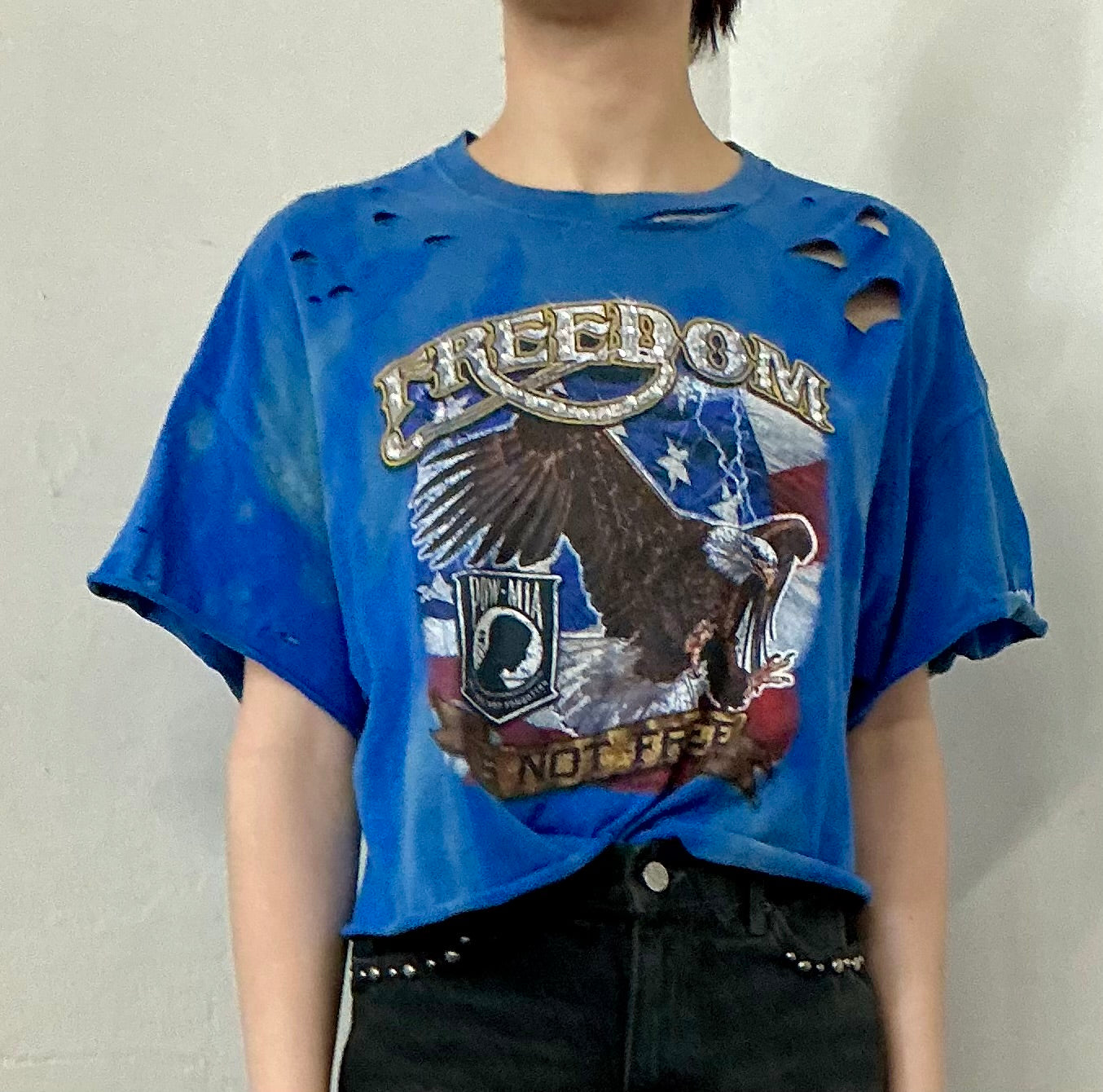Cut out crop freedom is not free printed and added rhinestones tee 
