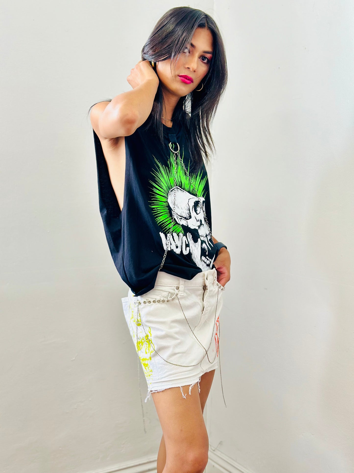 Reworked denim Mini skirt with screen print/ chains