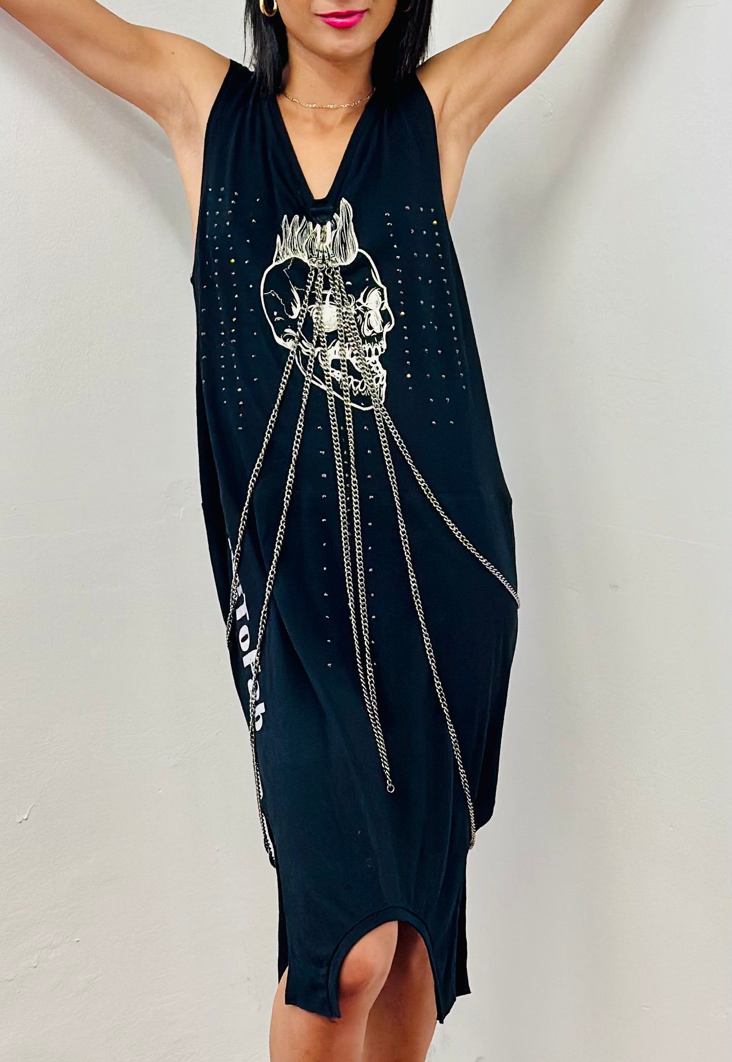 Skull print two shirt Chains and rhinestone Dress