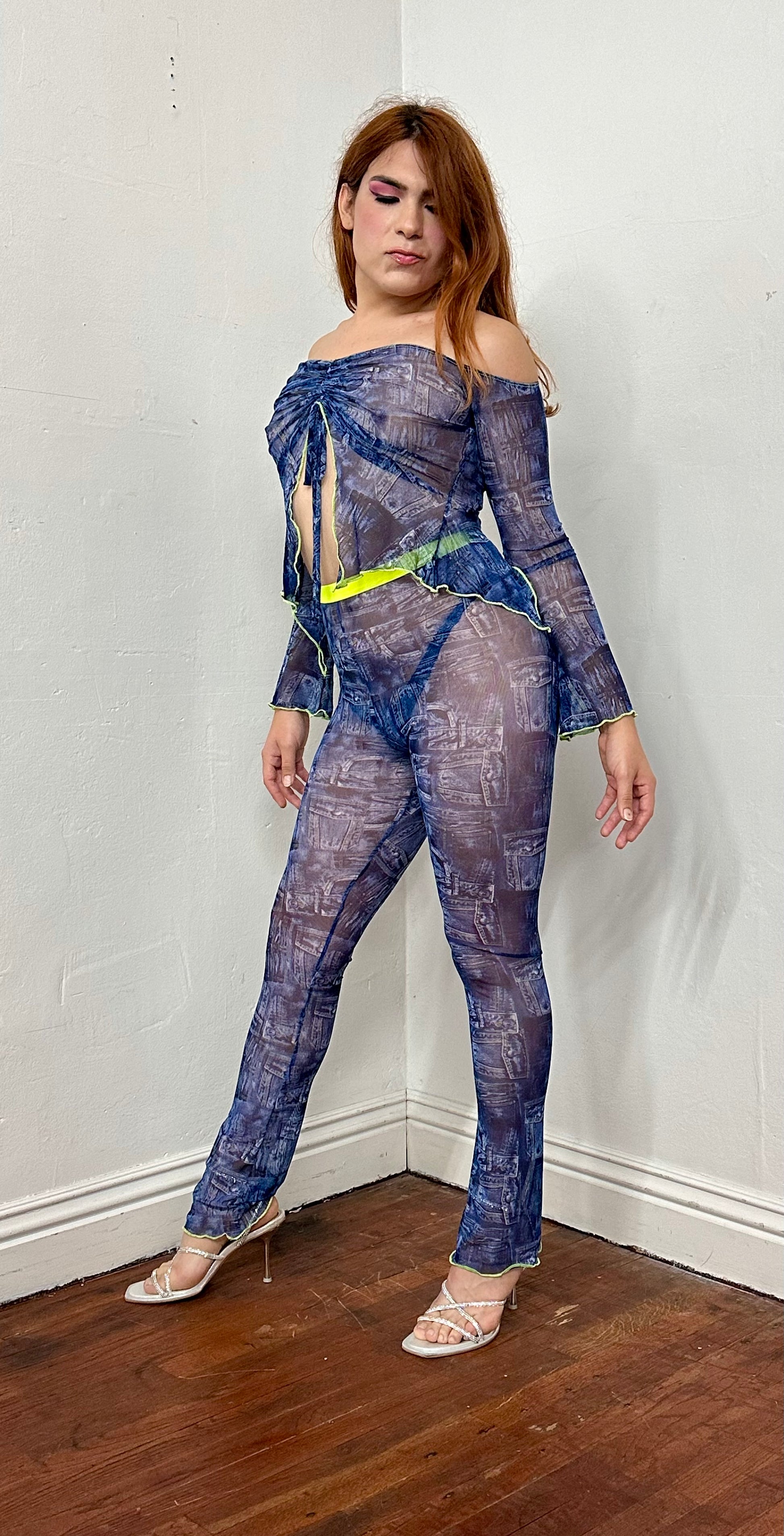 Elastic high waisted mesh slightly bottome hem leggings 
