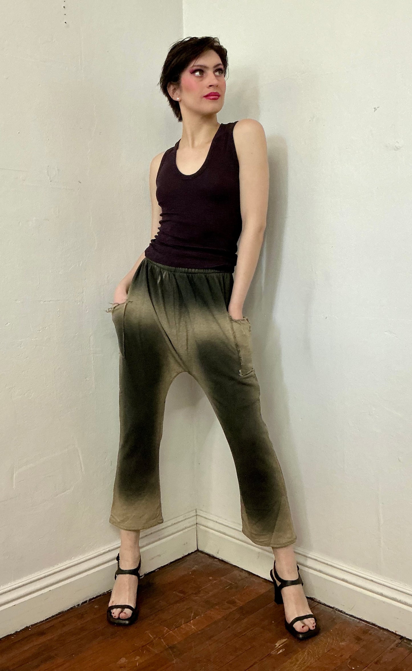 Mud wash spray on flare crop pant in French terry