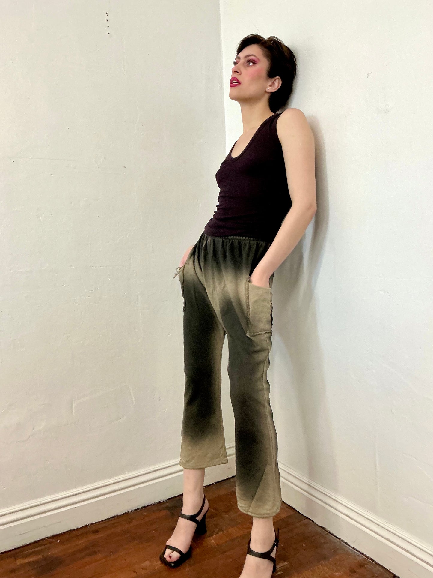 Mud wash spray on flare crop pant in French terry