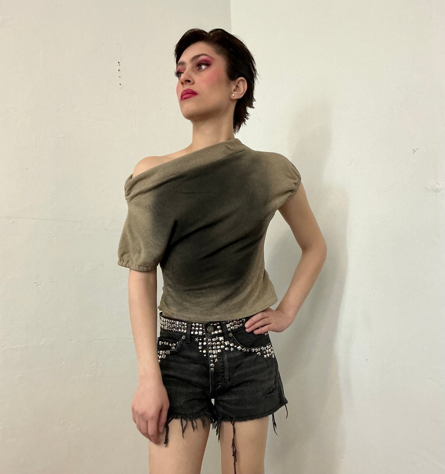 Spray Off shoulder  asymmetrical French terry top