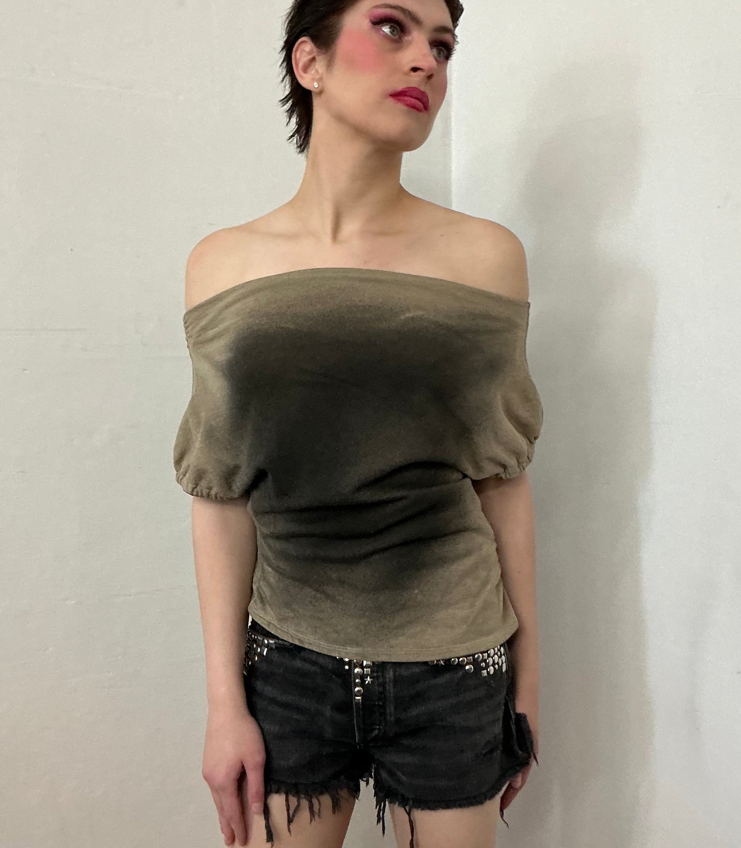 Spray Off shoulder  asymmetrical French terry top