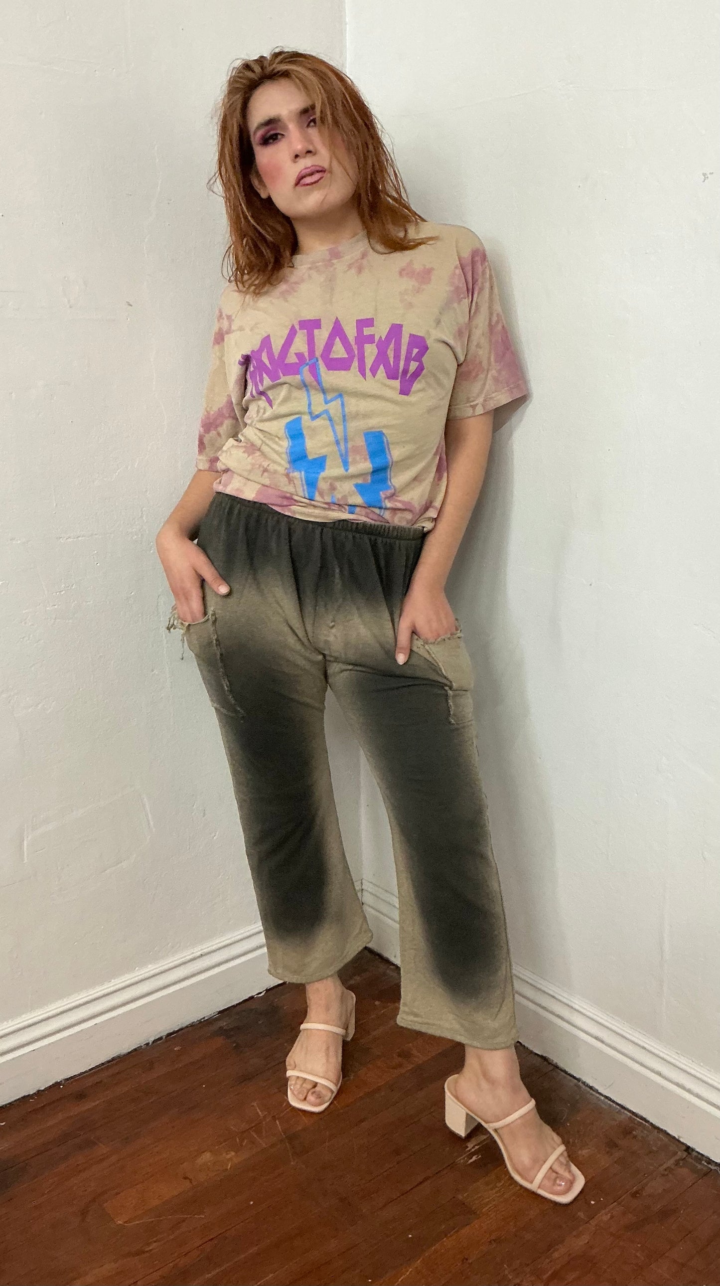 Mud wash spray on flare crop pant in French terry