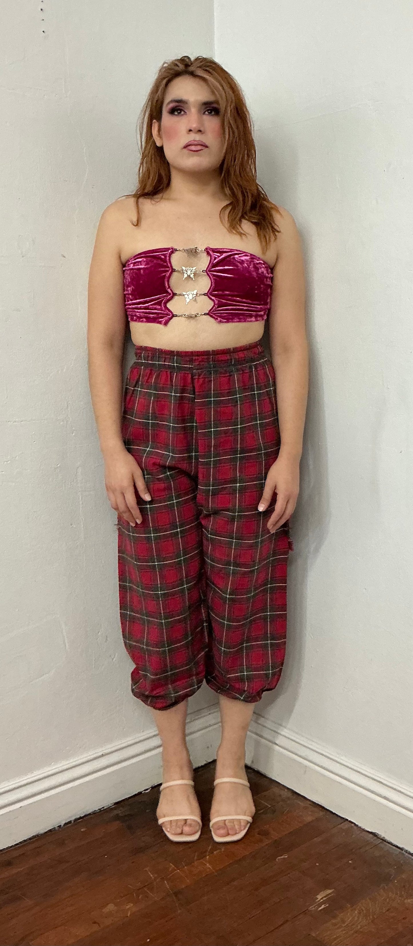 Plaid elastic waist and bottom hem pant