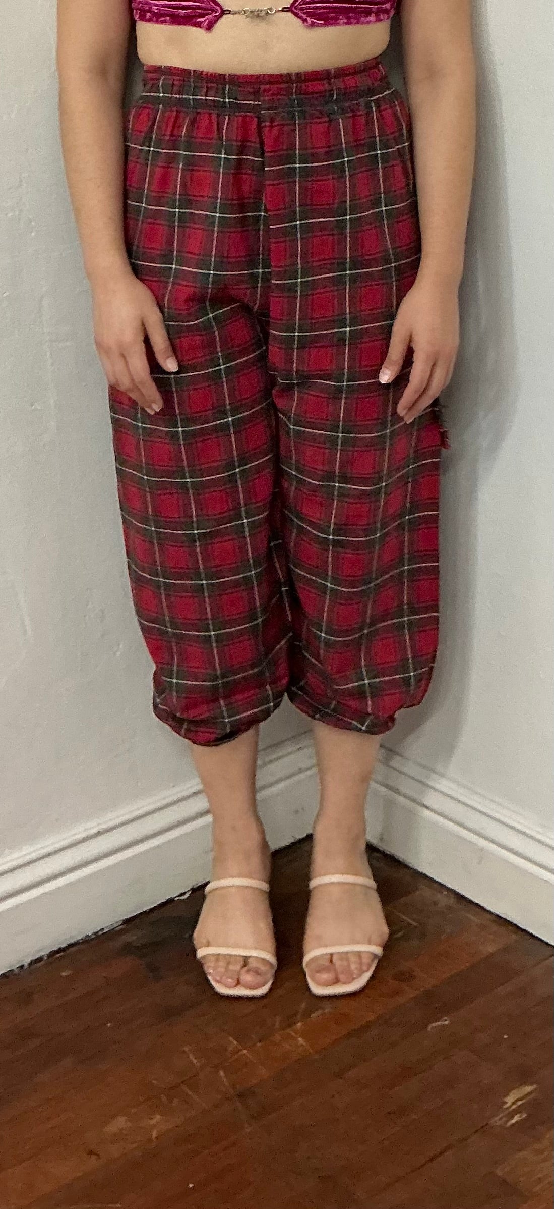 Plaid elastic waist and bottom hem pant