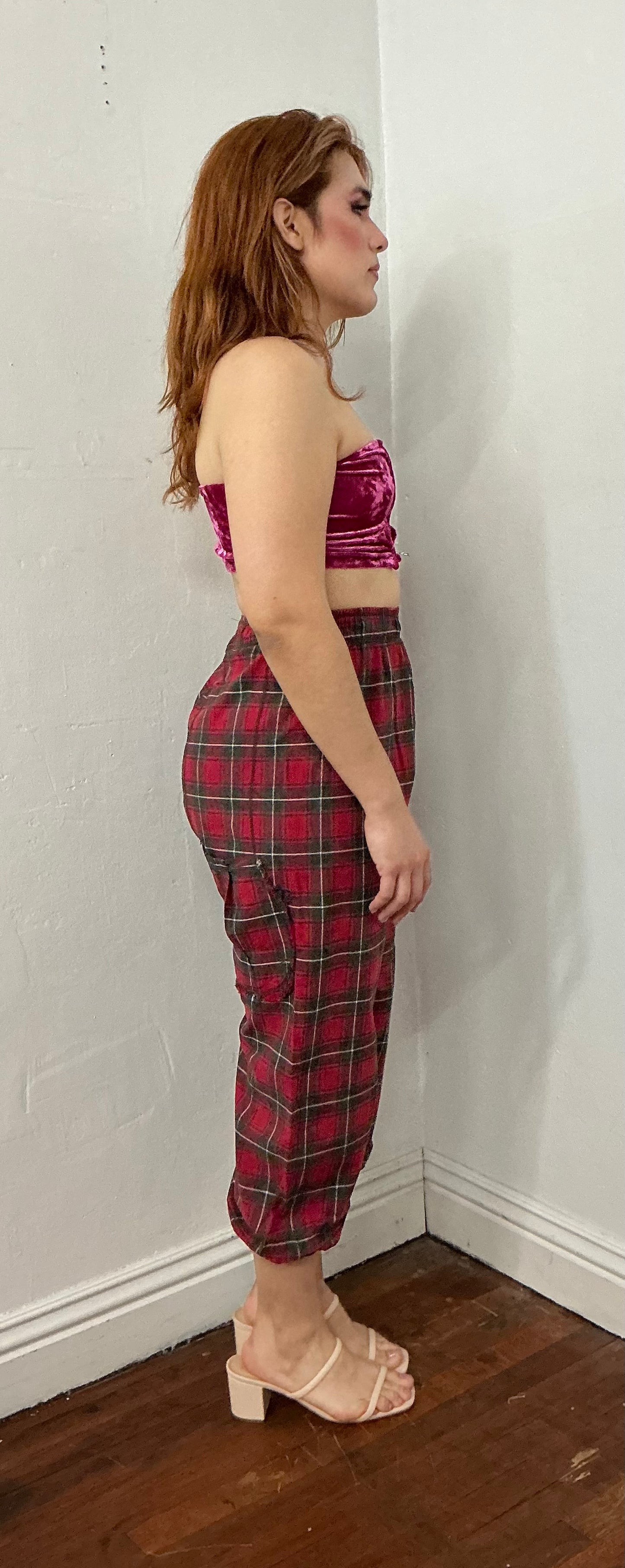 Plaid elastic waist and bottom hem pant