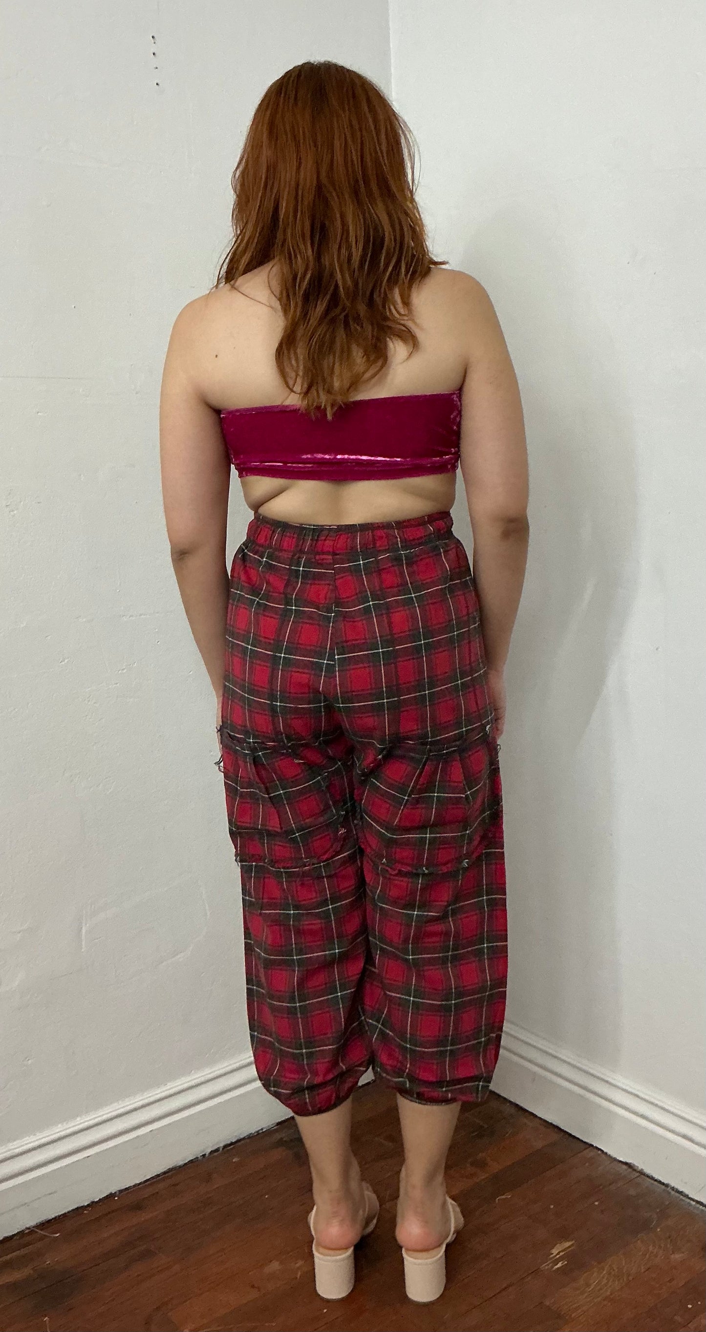 Plaid elastic waist and bottom hem pant