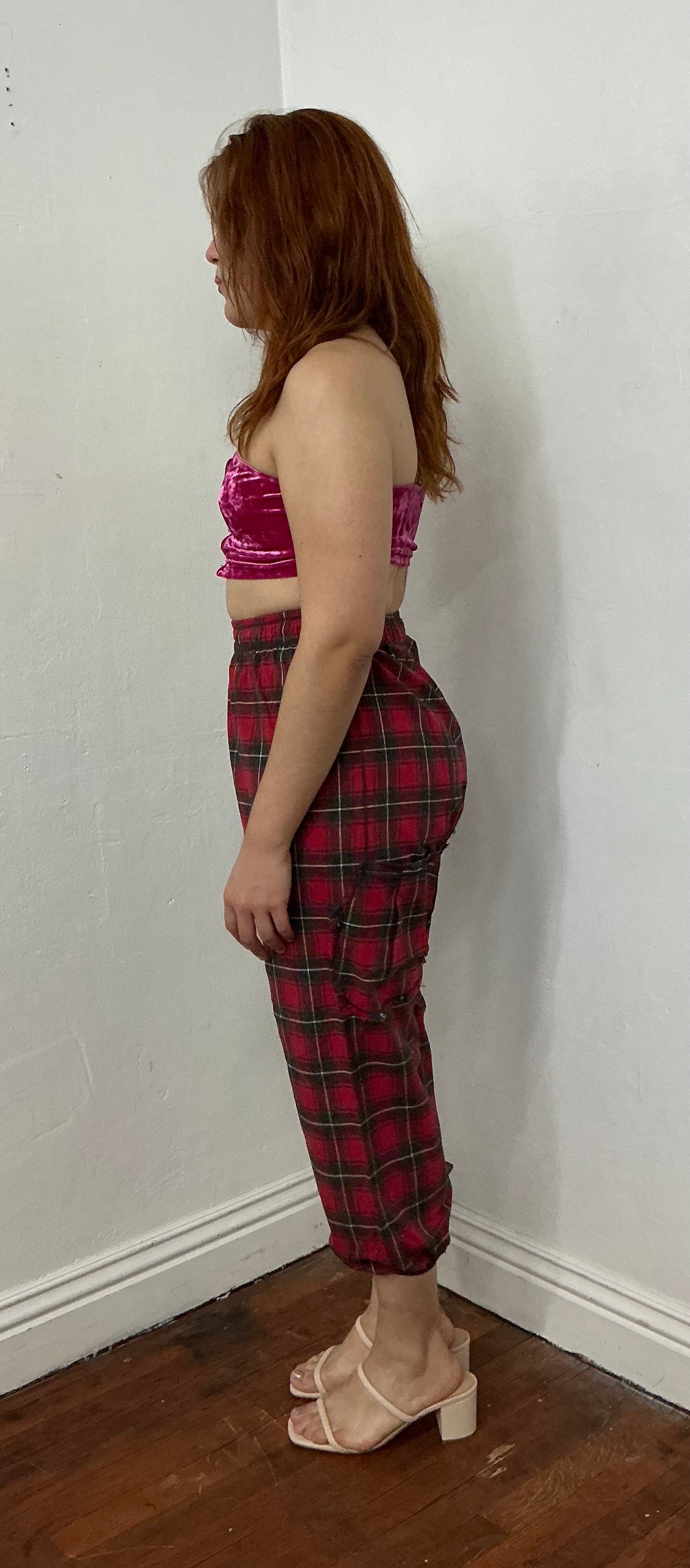 Plaid elastic waist and bottom hem pant