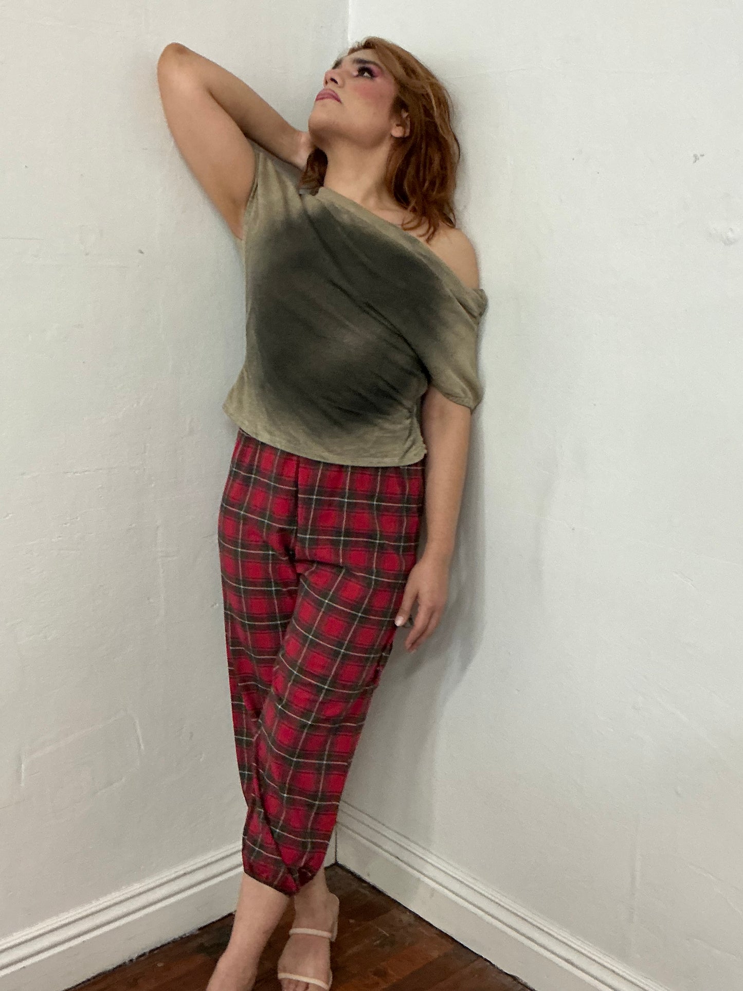 Plaid elastic waist and bottom hem pant