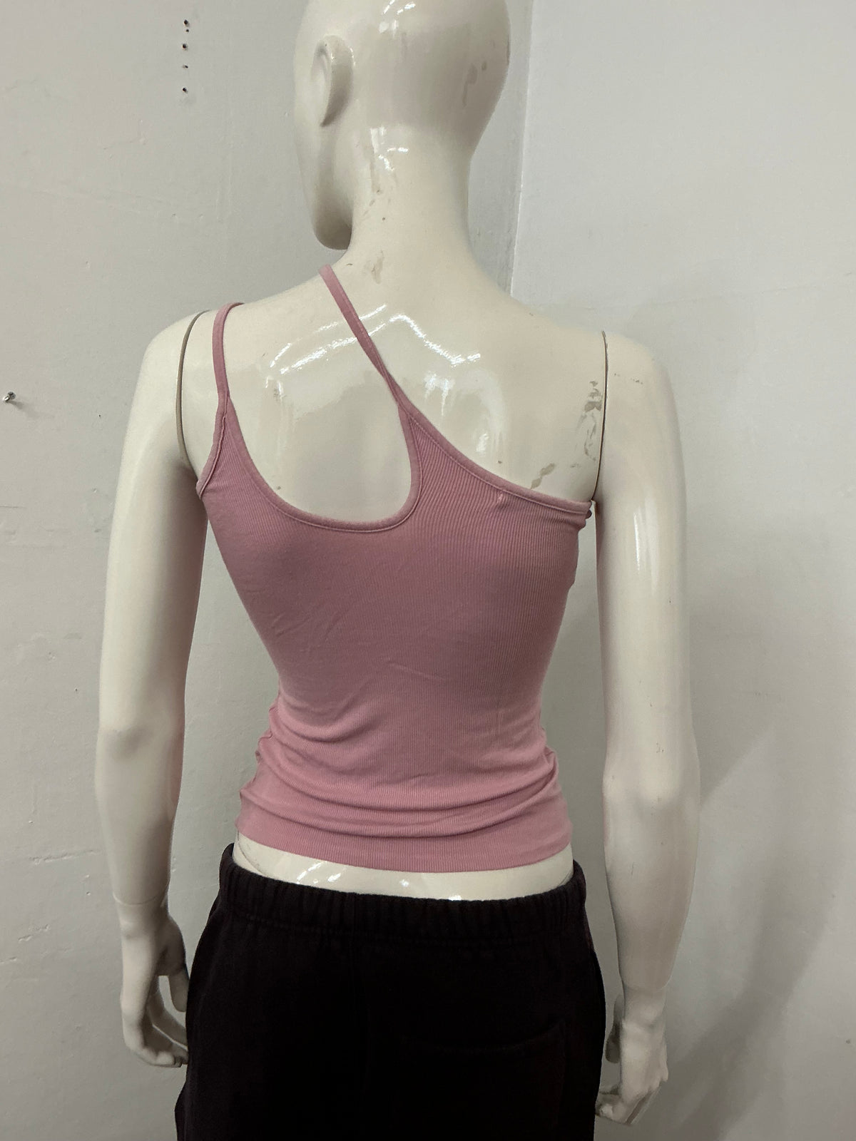 Asymmetric spaghetti strap recycle top