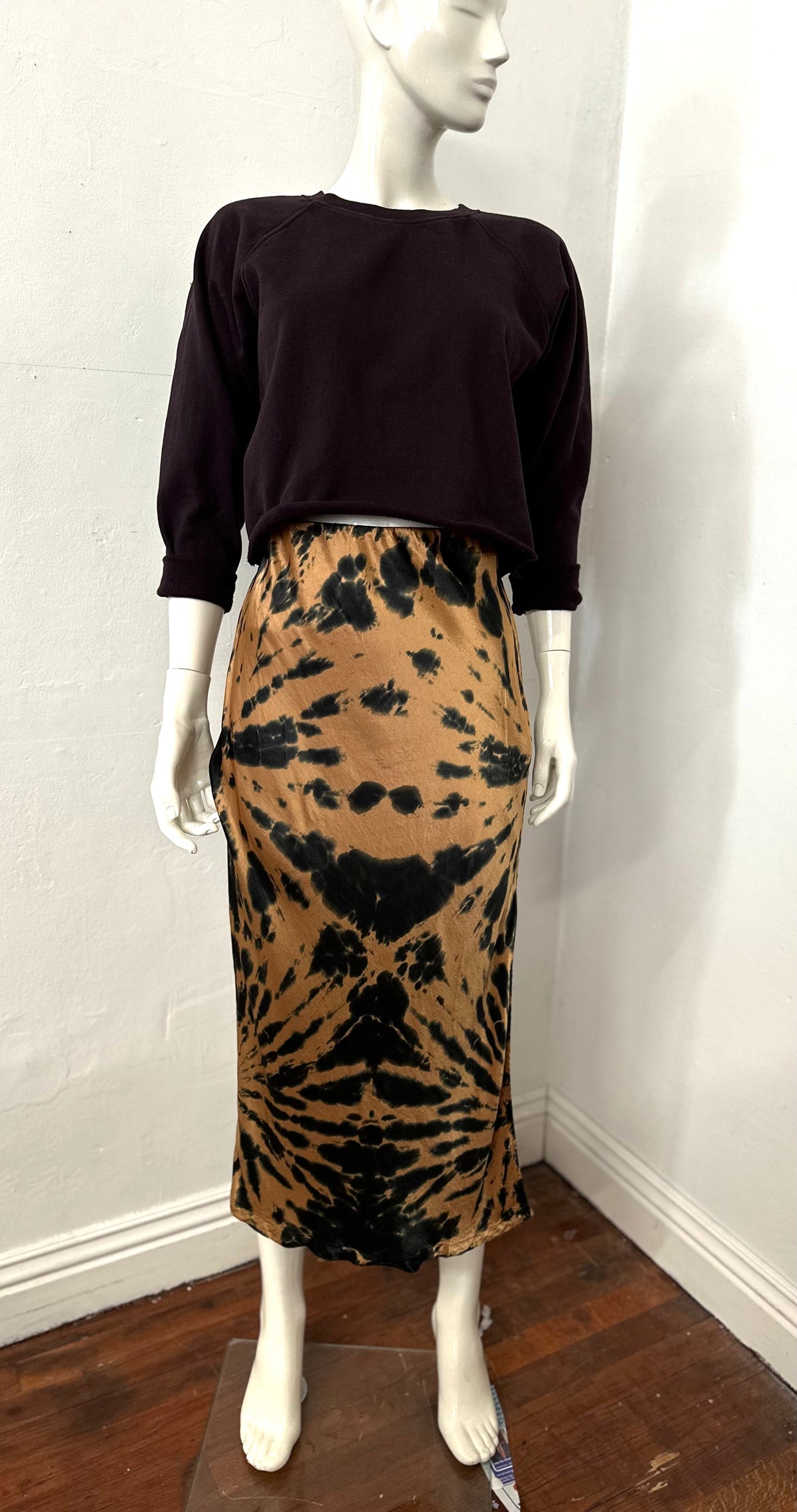 Recycle silky bias skirt in tiger tie dye