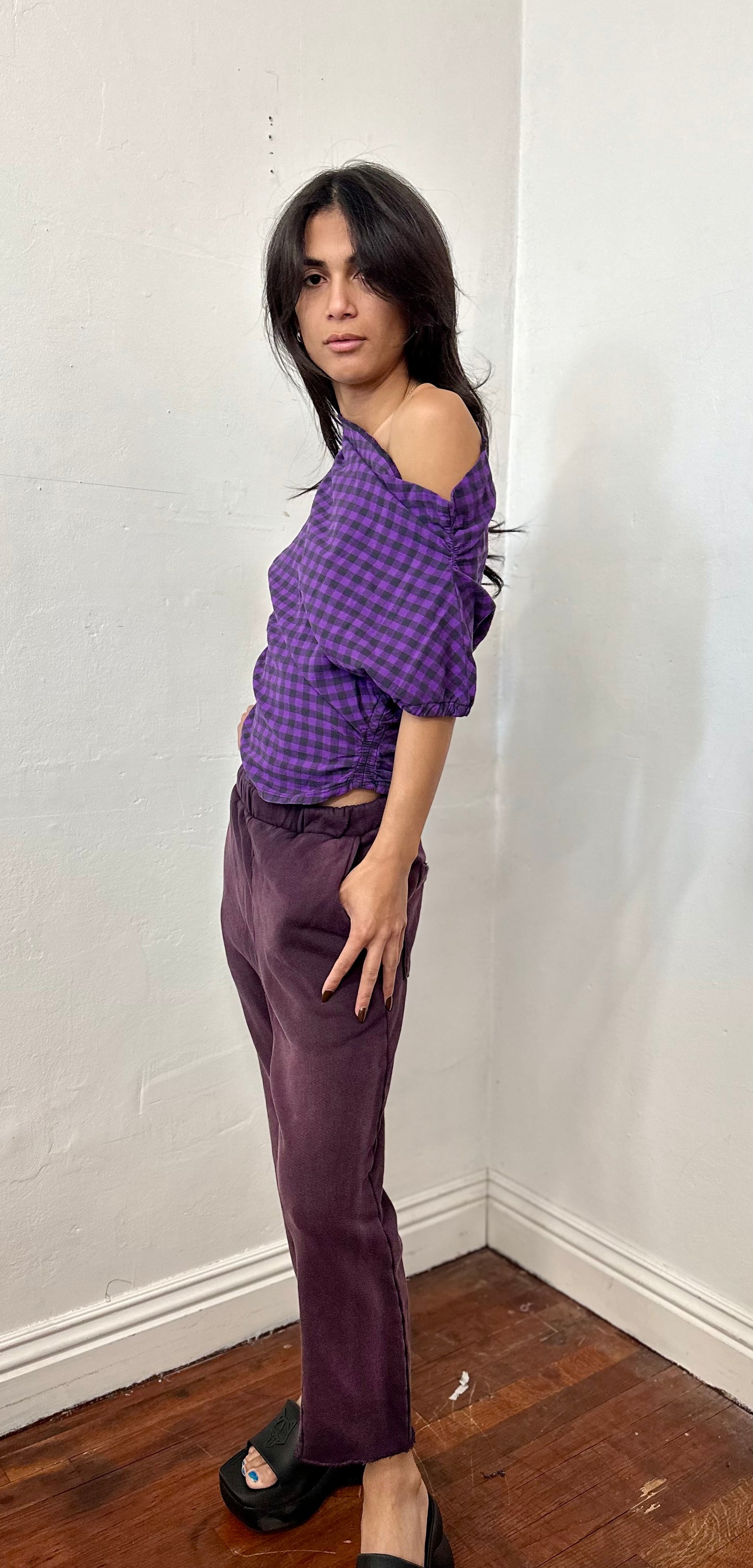 Off shoulder side elastic cotton rushed top