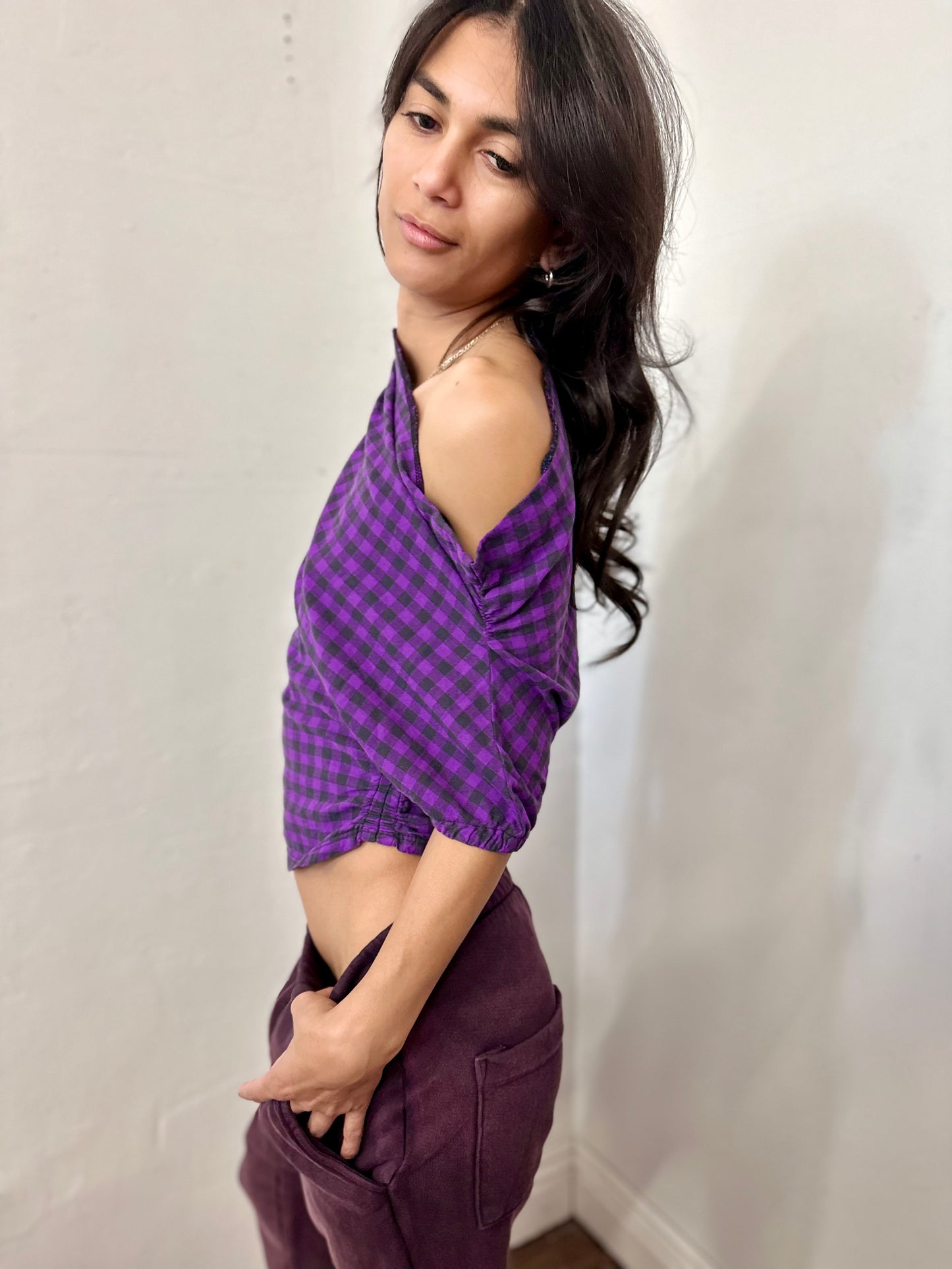 Off shoulder side elastic cotton rushed top