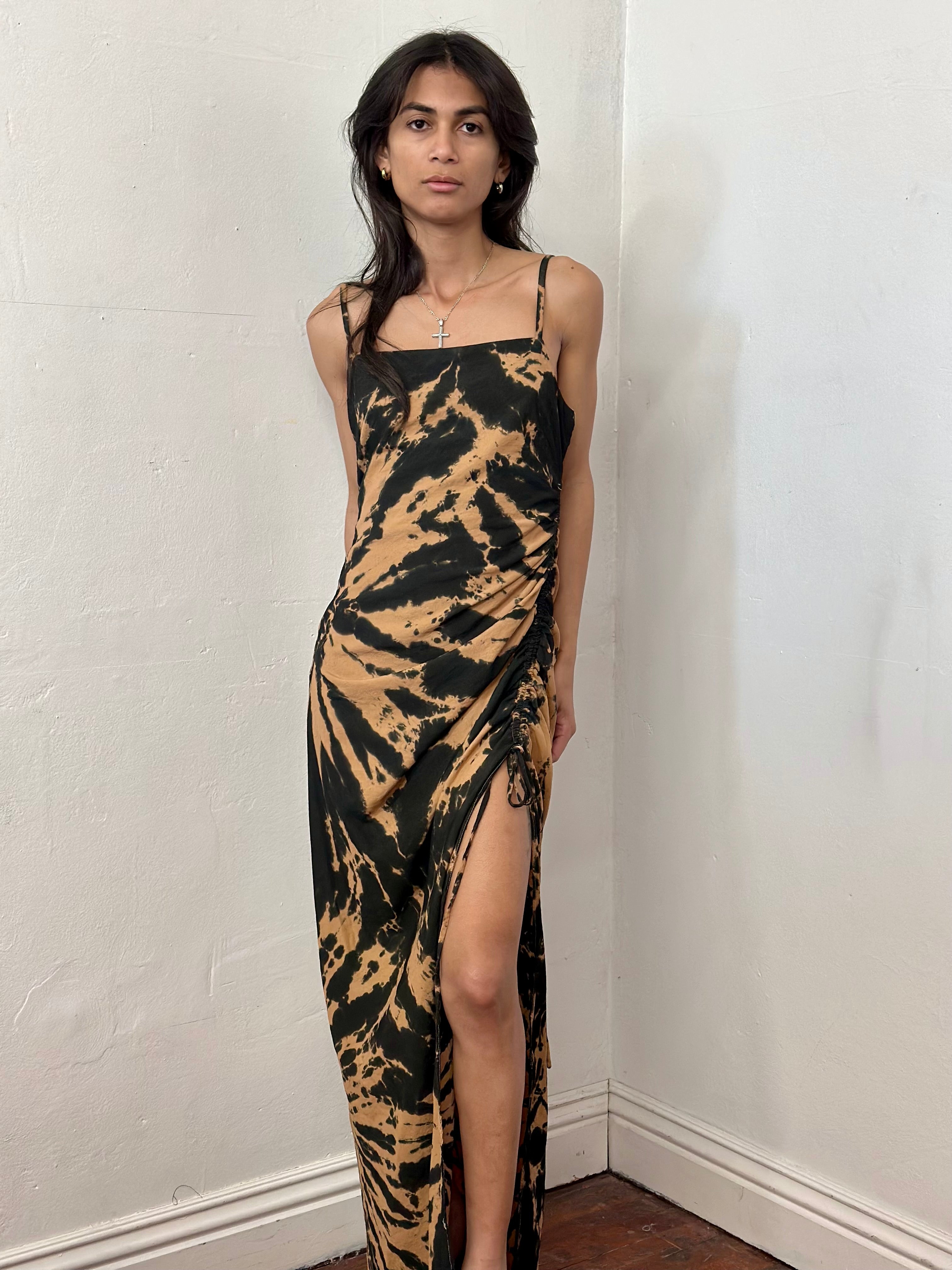Upcycle dress with a trendy tiger tie dye , sexy side slit with shirring 